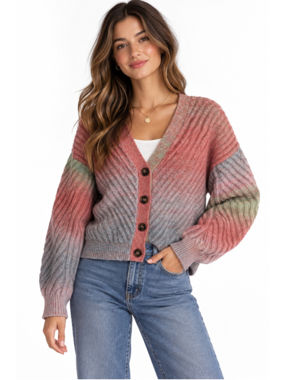 Telluride Clothing Co Women’s L Multicolor Ombré Ribbed Wool Blend Cardigan